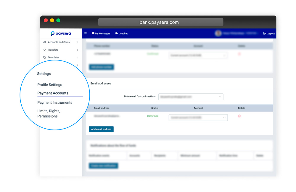 Change email address via Paysera’s online banking