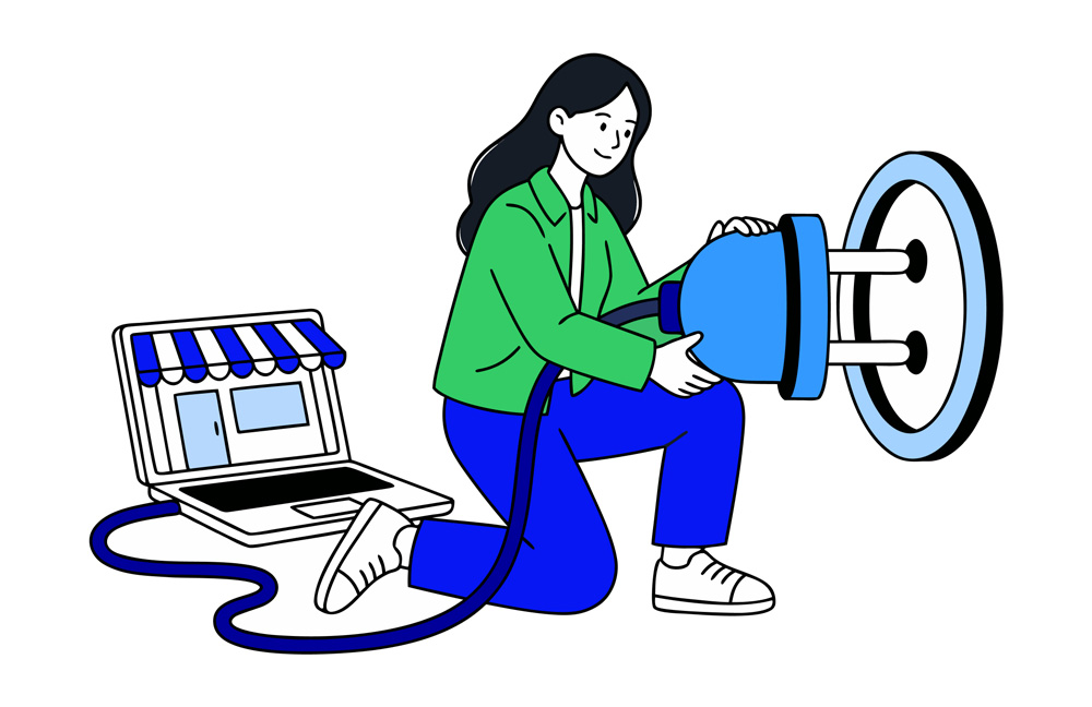 A woman kneeling on one knee plugs a large plug into a wall socket; the cable leads to a laptop showing an online shop front with a striped awning.